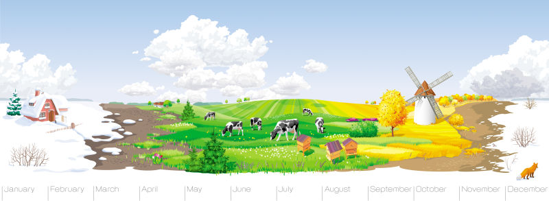 矢量抽象农场牧场的四季全景插图