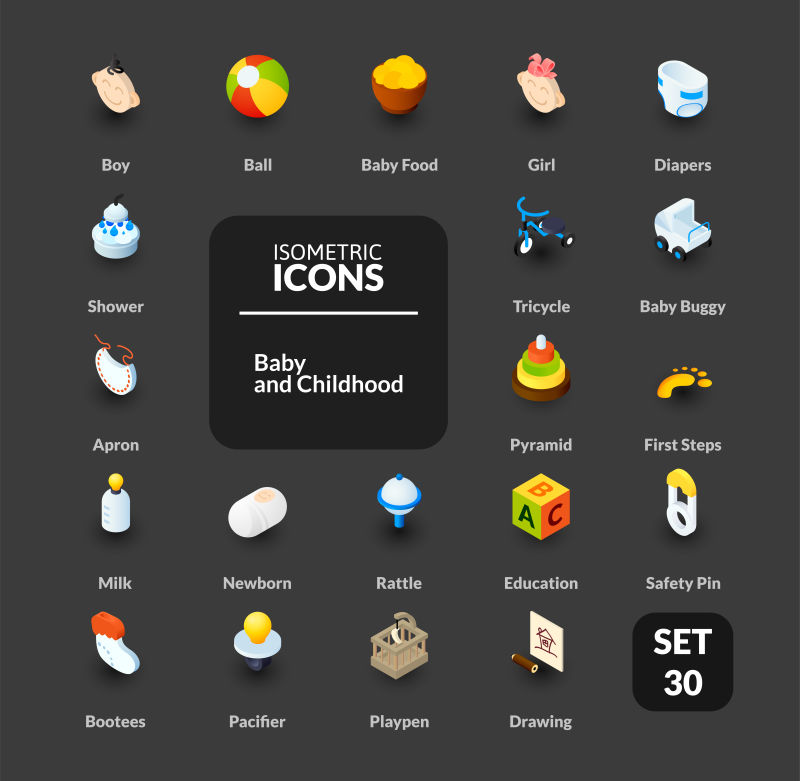 矢量的三维婴儿主题图标设计