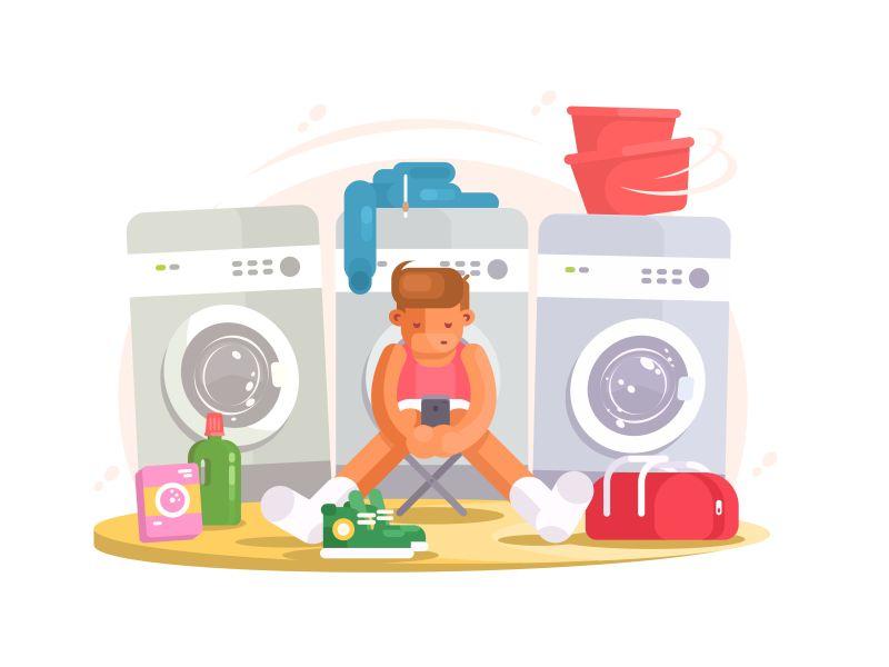 矢量设计在洗衣房等候的男人