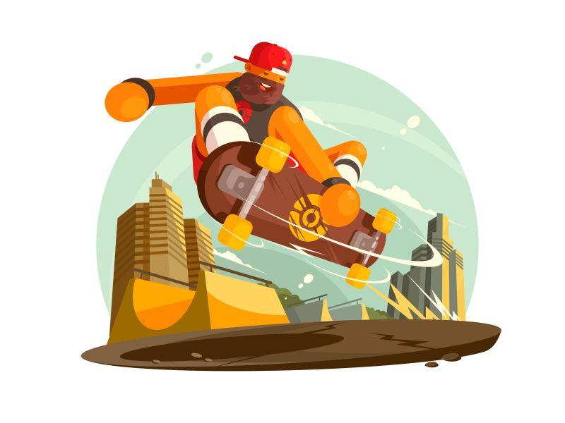 矢量设计卡通玩滑板的男人