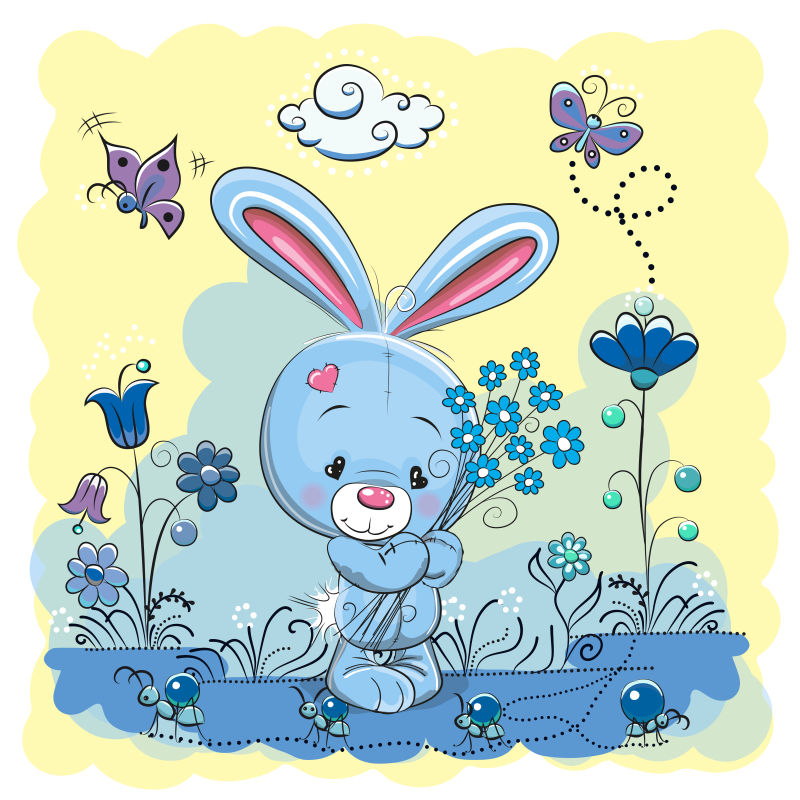 矢量抱着花束的蓝色兔子