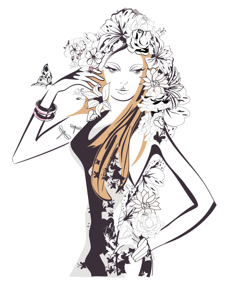 矢量年轻美女素描