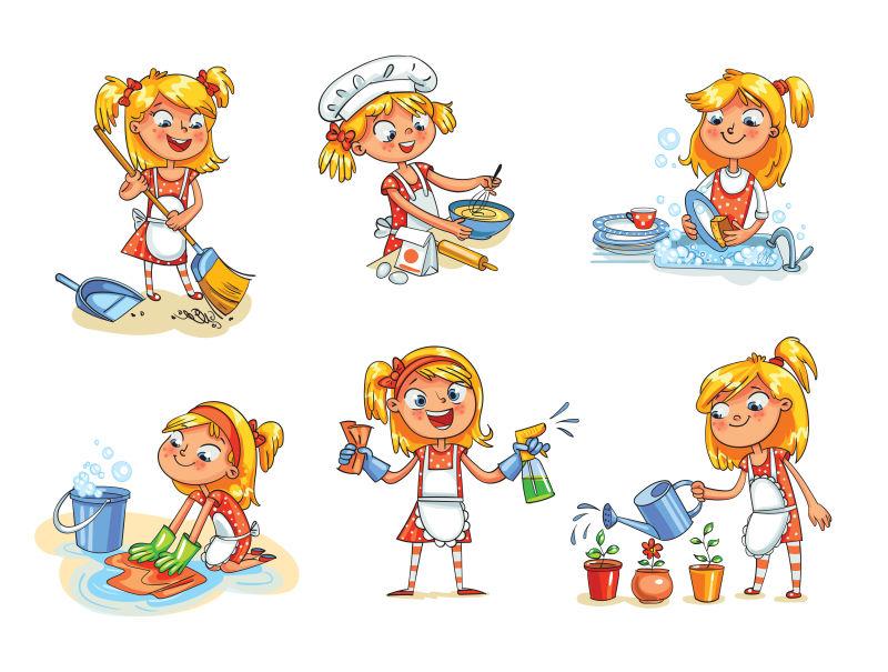 打扫房子做家务孩子卡通矢量