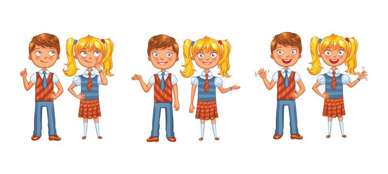 回到学校男孩和女孩一起摆姿势卡通矢量