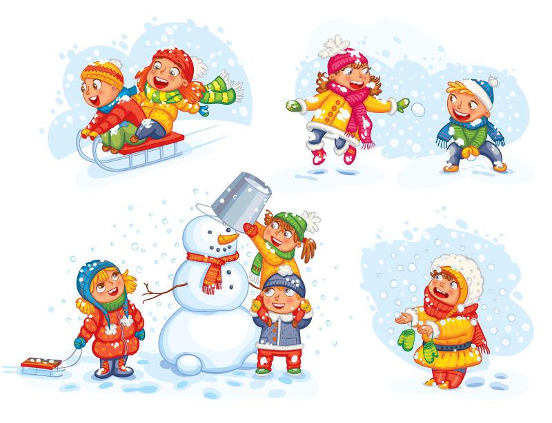 在户外玩耍儿童滑雪橇男孩和女孩玩雪球卡通矢量