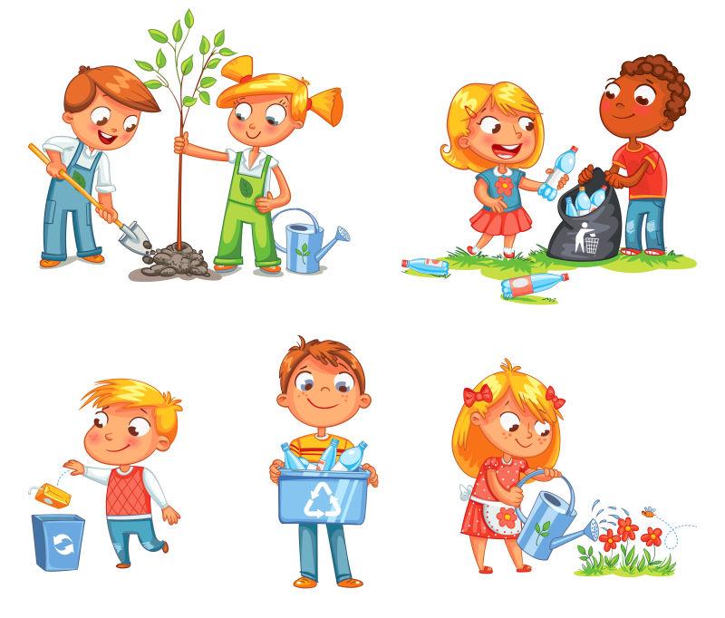 废物回收利用孩子们种下了小树卡通矢量