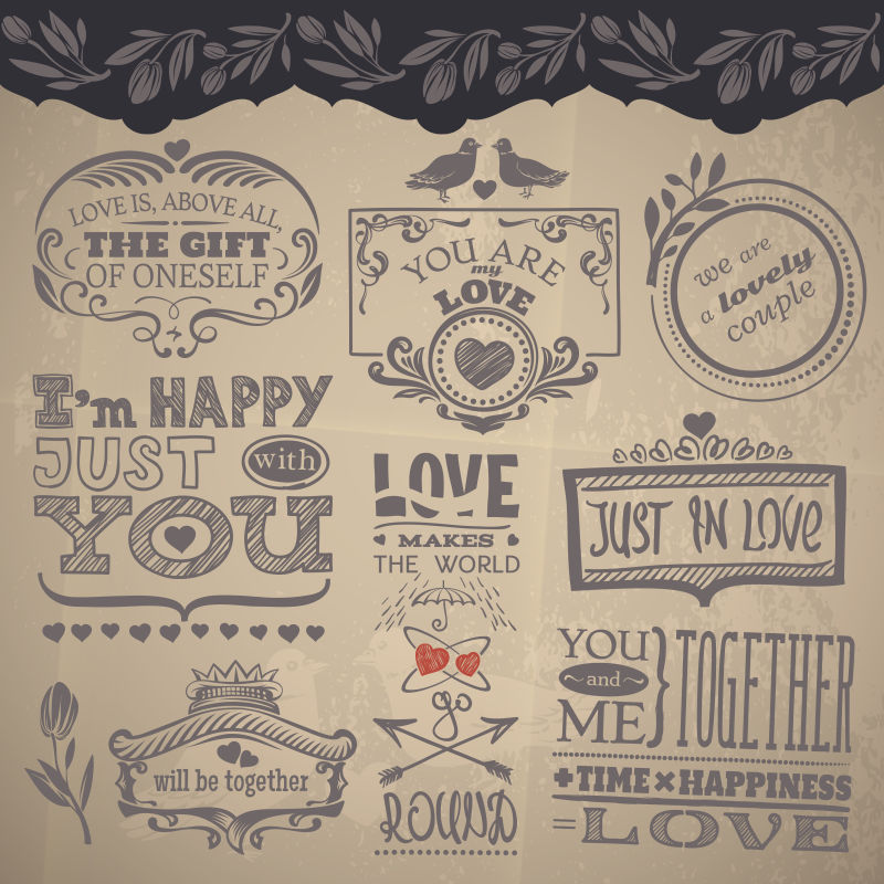 矢量情人节旧式手绘装饰