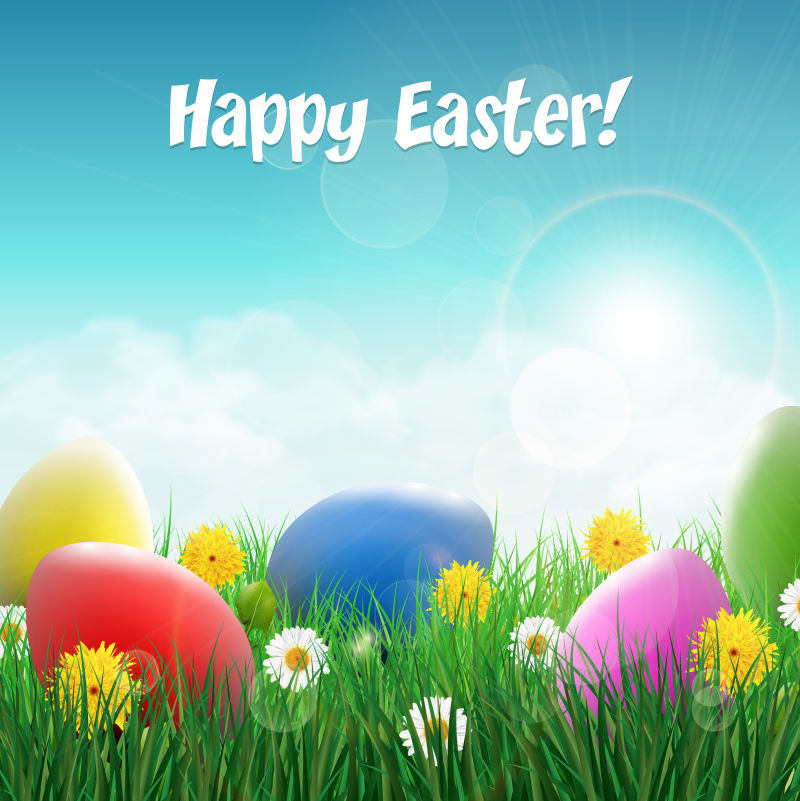 带着鲜花的草地上的复活节彩蛋矢量插图