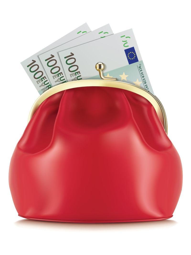 隔离的红色钱包里的欧元矢量插图