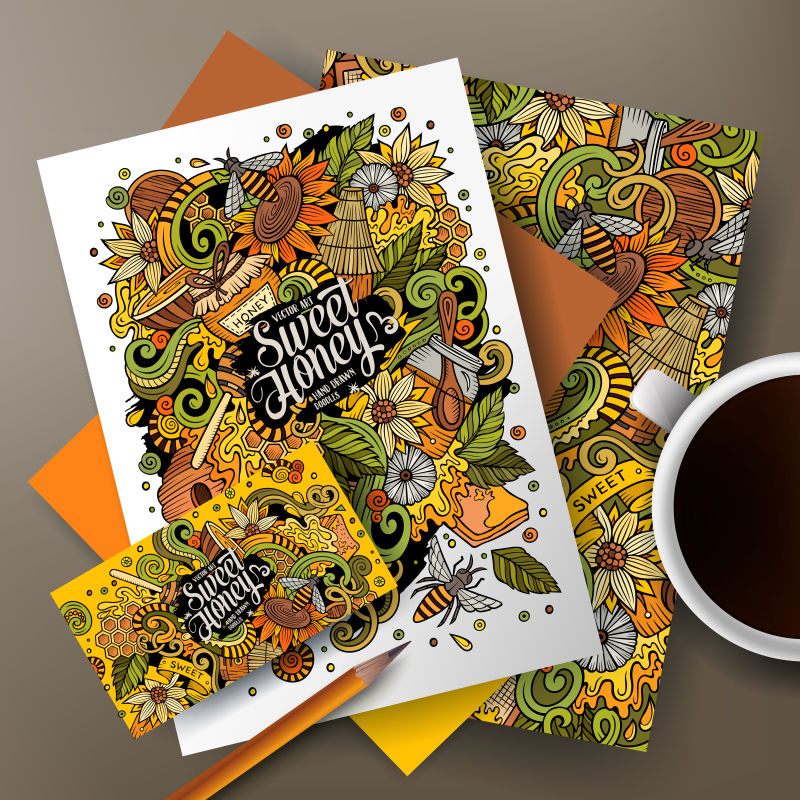 卡通可爱矢量手绘蜂蜜涂鸦公司标识集