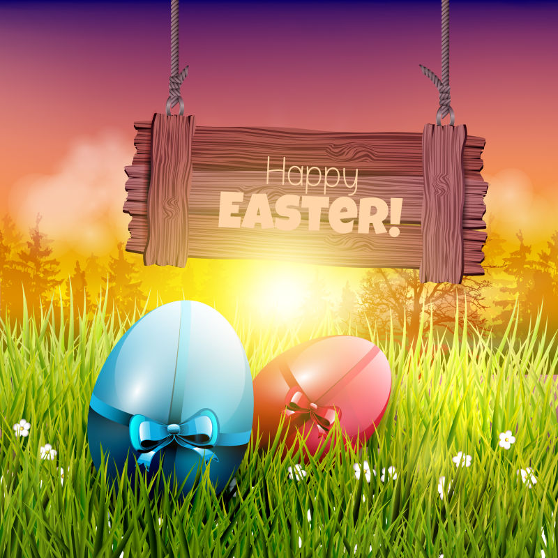 夕阳中多彩的复活节彩蛋和夕阳下的木牌矢量插图