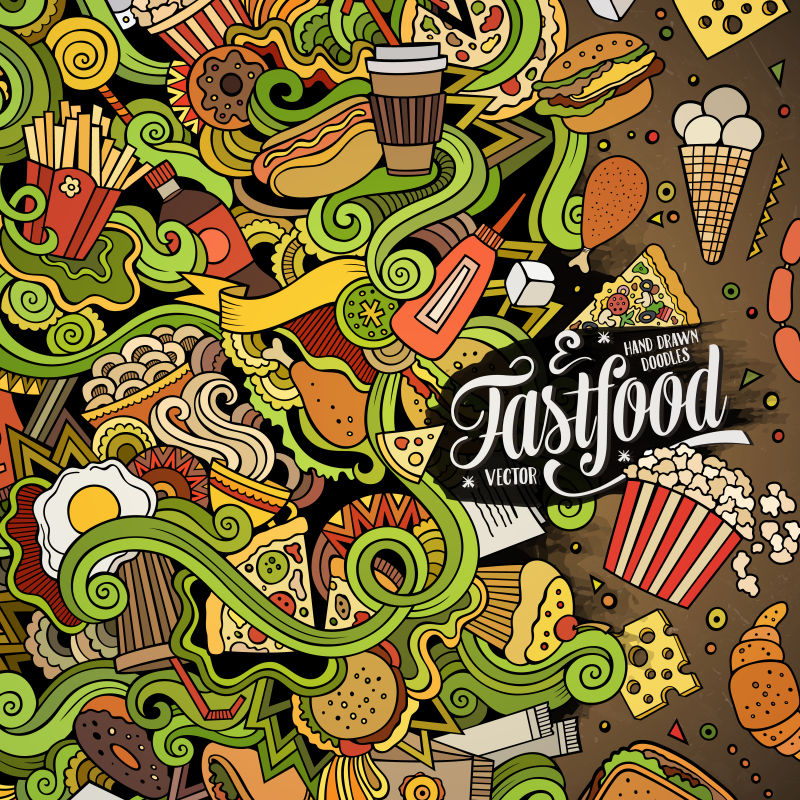 矢量卡通可爱涂鸦手绘快餐架设计