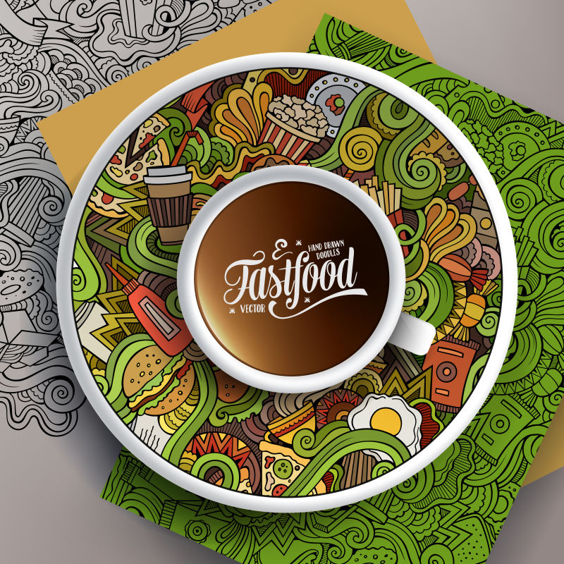 矢量一杯咖啡和手绘速食涂鸦在碟子