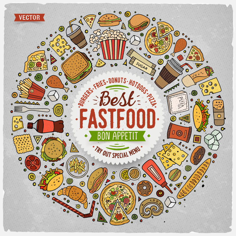矢量手绘集快餐卡通涂鸦对象