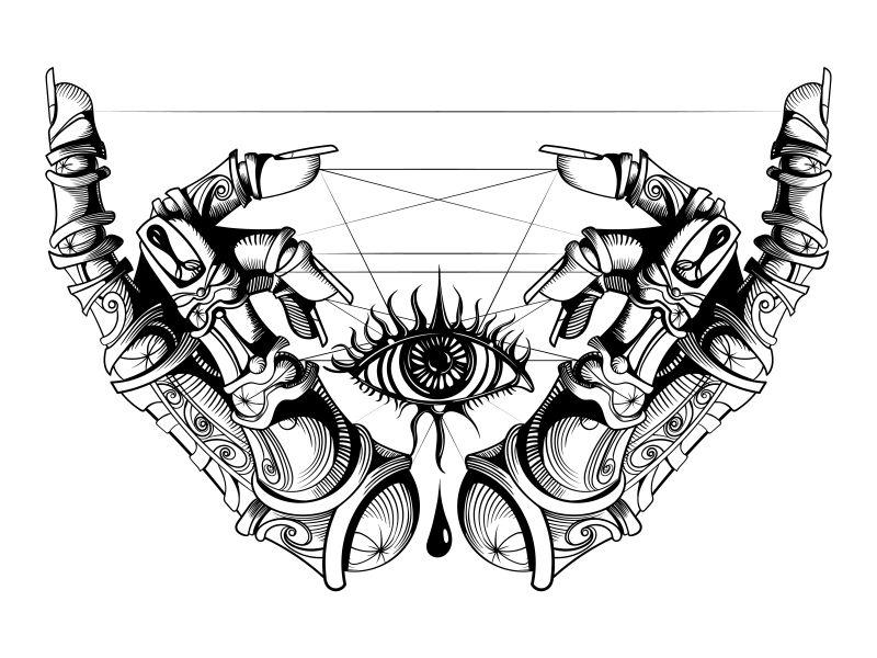 眼睛固定在假人手指上的细线矢量插图