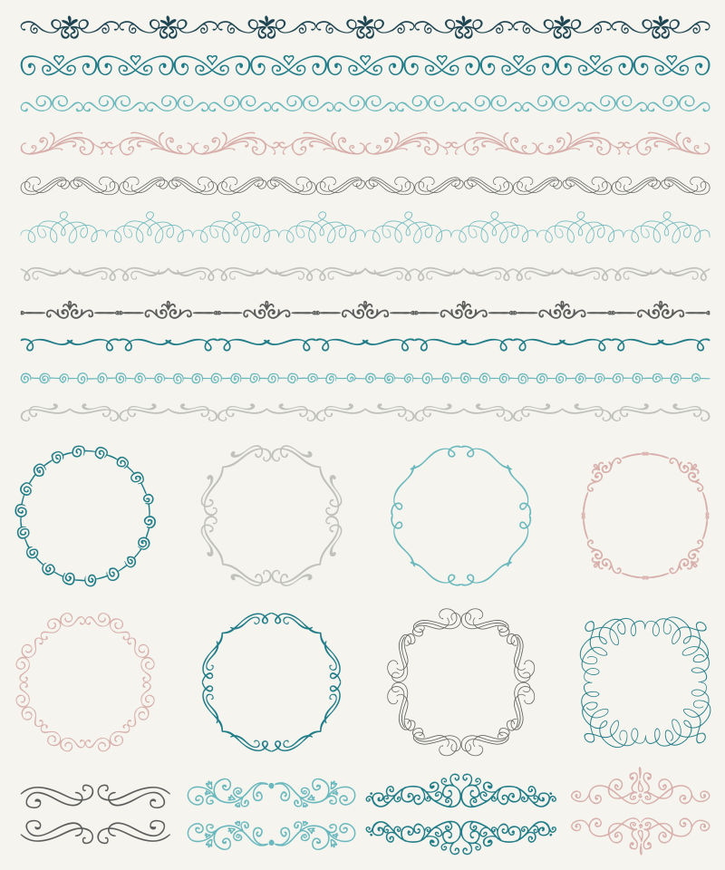 矢量收集无缝的彩色手绘涂鸦老式边框和框架
