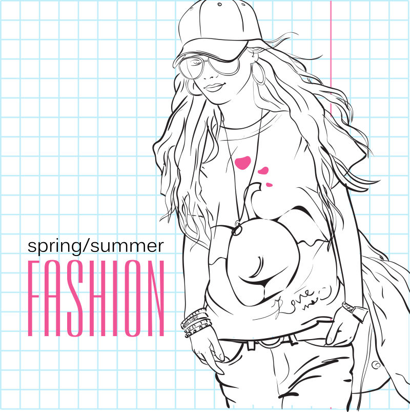 创意矢量年轻帅气的女孩速写插图