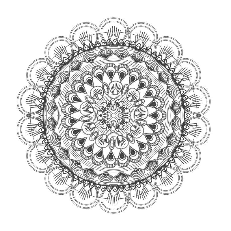 黑白圆形花瓣曼荼罗矢量插图