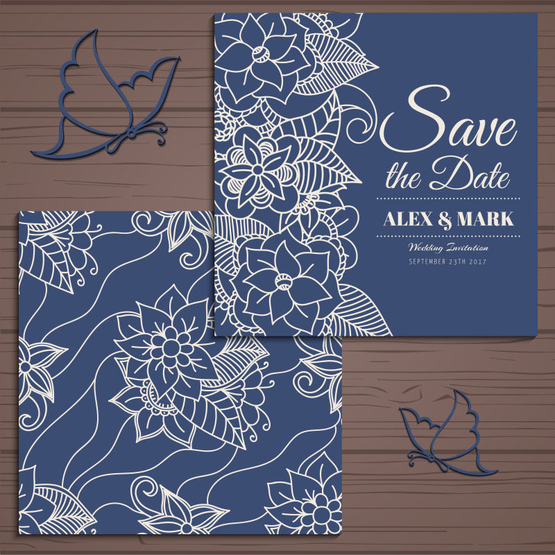 深蓝色方形婚礼邀请卡矢量设计
