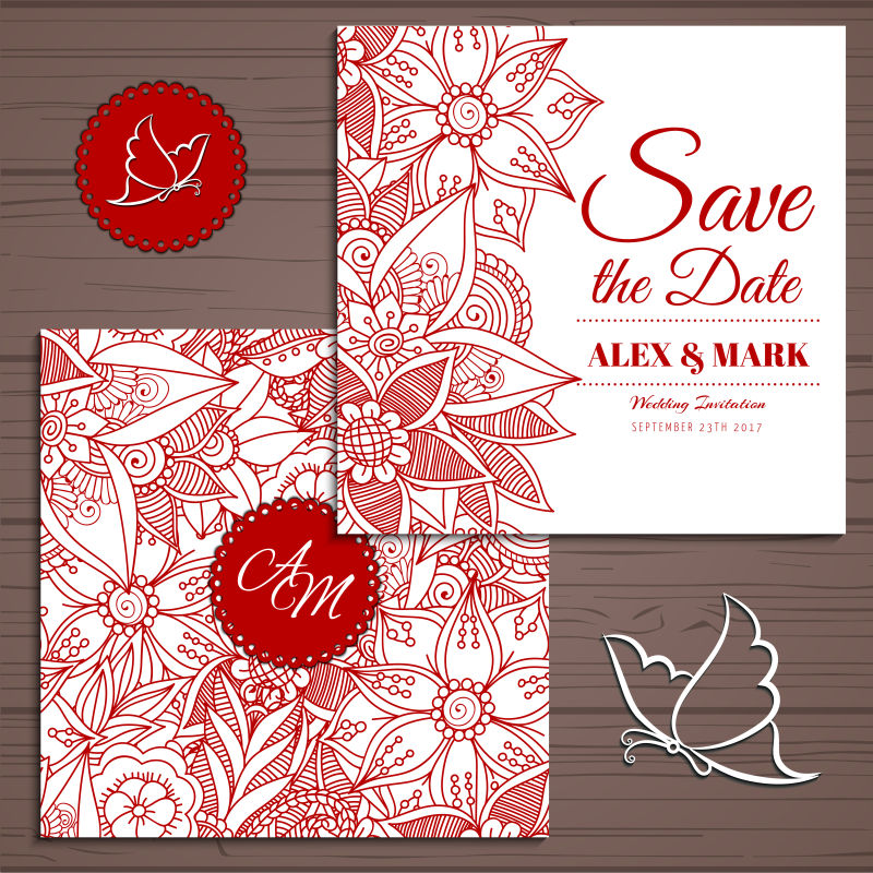 红色花纹图案婚礼邀请卡矢量设计