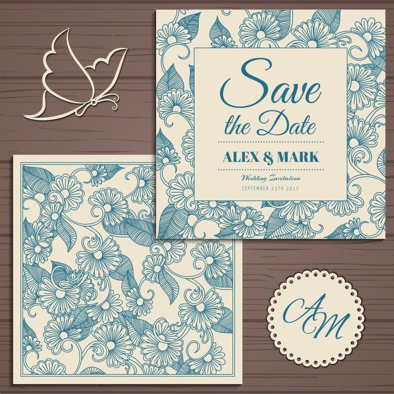 矢量的复古花纹方形婚礼邀请卡