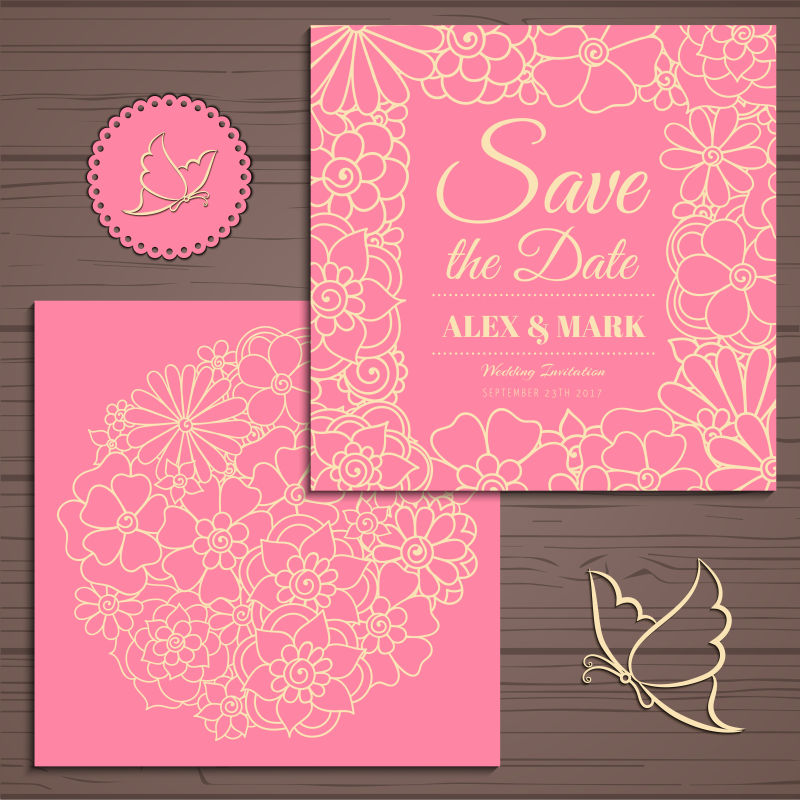 粉色涂鸦图案婚礼邀请卡矢量设计