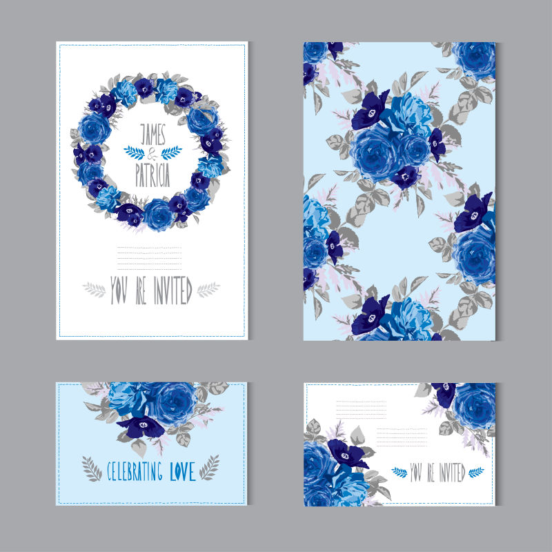 矢量蓝色花朵装饰的卡片设计