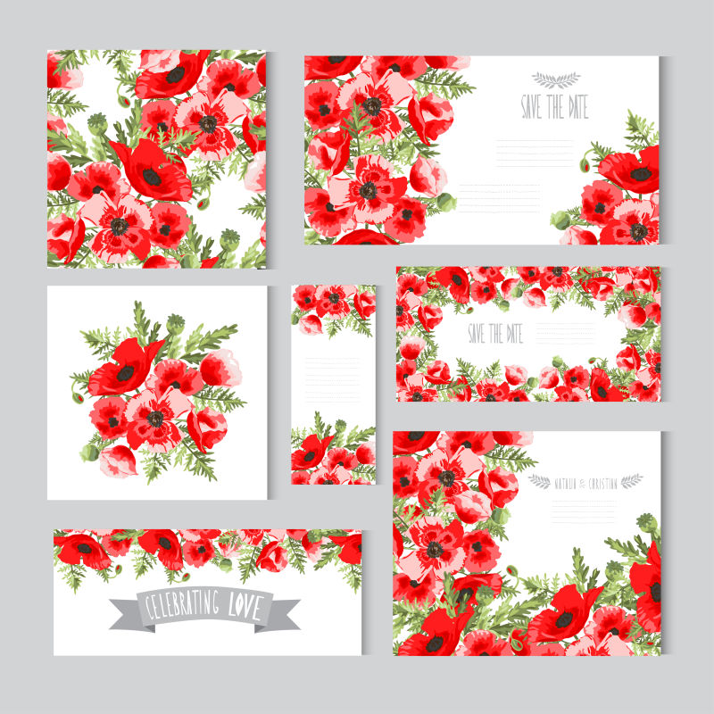 创意矢量红色花卉元素的装饰卡片设计
