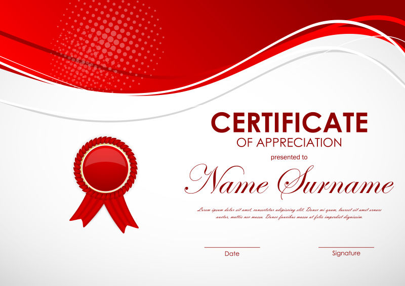 具有红色波浪数字背景和标签的证书设计矢量