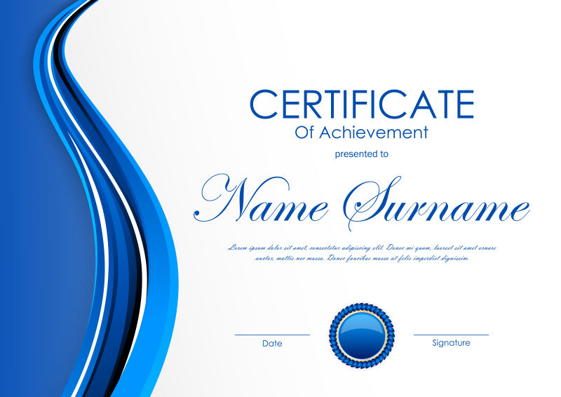 蓝色波浪状动态光背景和印章证书矢量