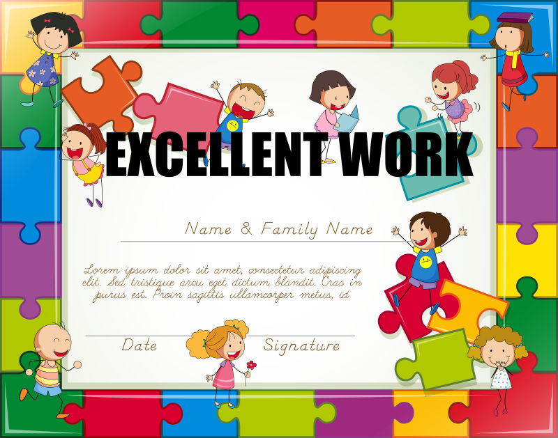 儿童拼图证书矢量