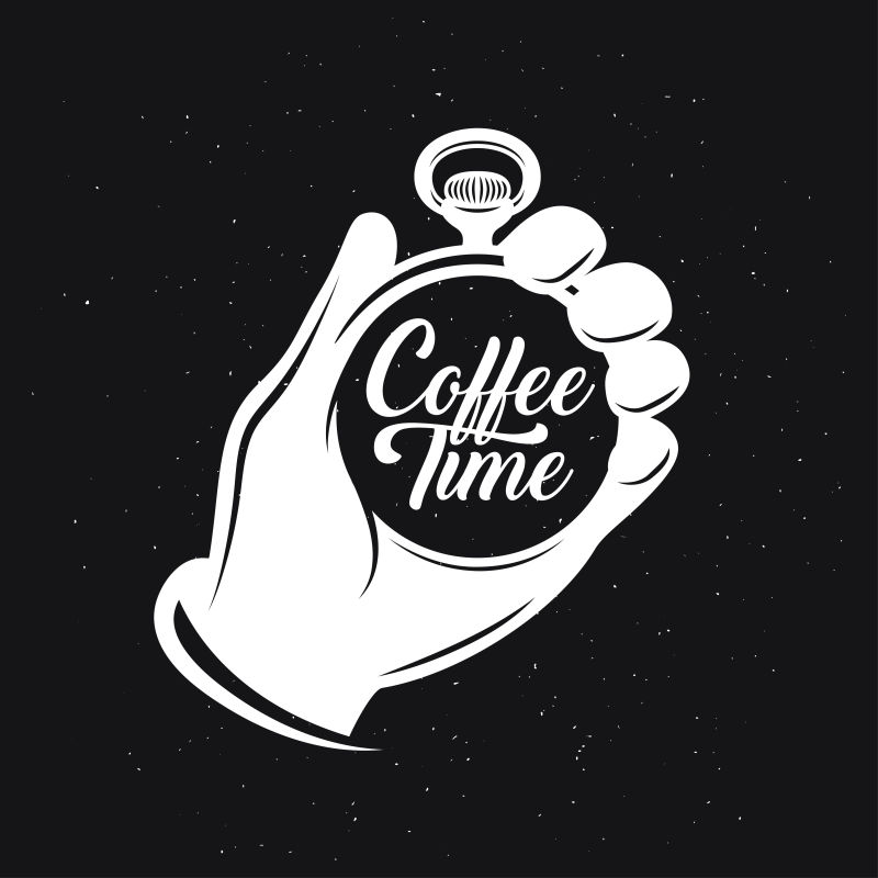 用手掌握住怀表的咖啡相关创意单色海报矢量插图