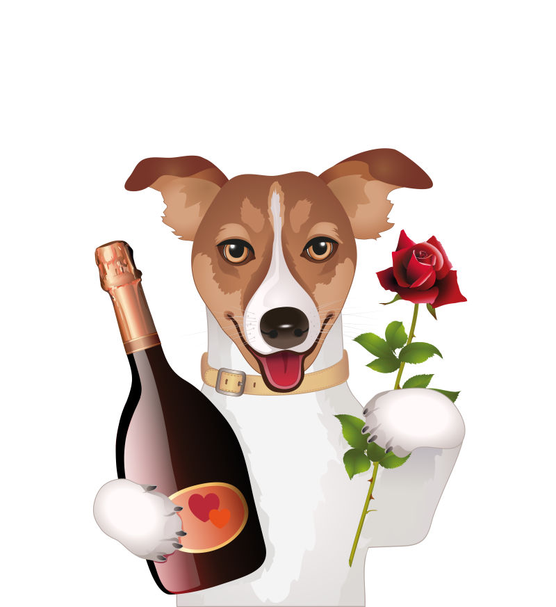 矢量手拿红酒与玫瑰花的小狗