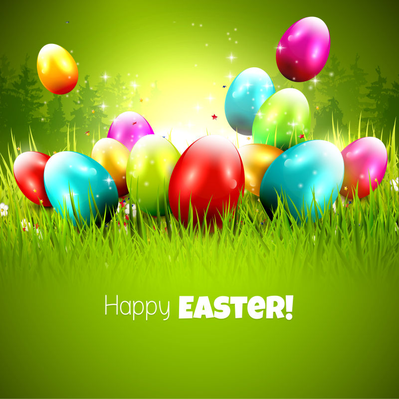 草地上有彩蛋的矢量复活节贺卡