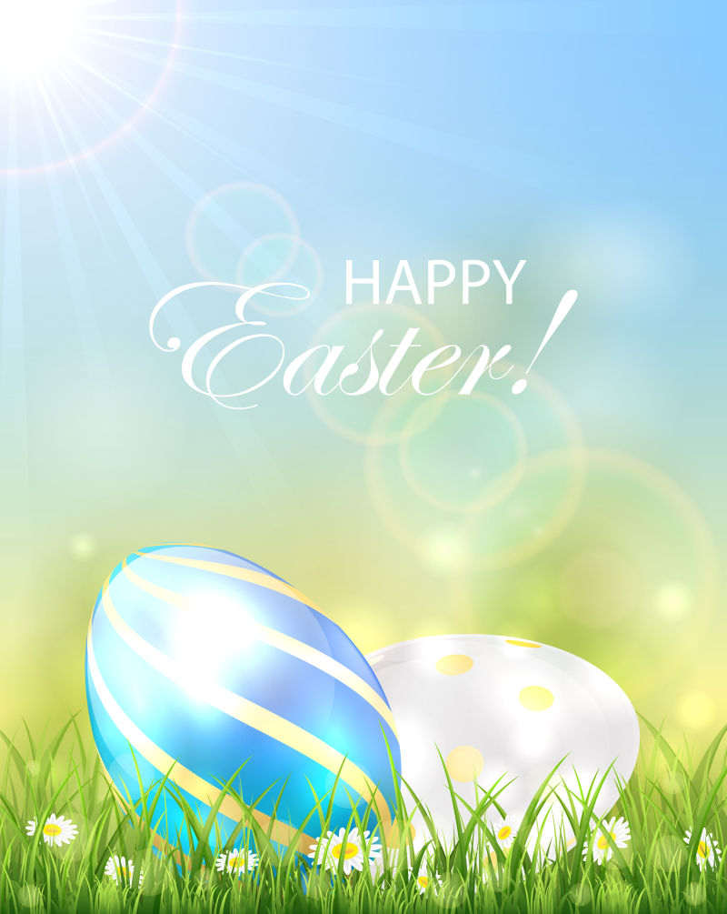 两个闪闪发光的复活节彩蛋在草地上矢量穿越