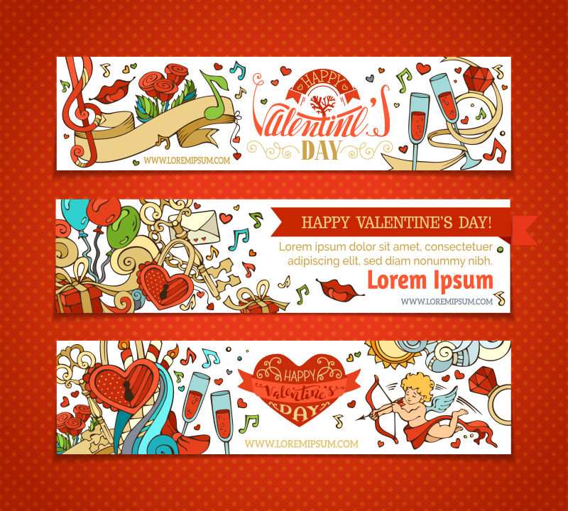 矢量情人节一套水平的卡通爱情横幅