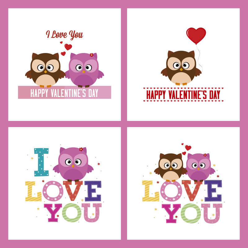 矢量情人节彩色背景文字和猫头鹰卡片