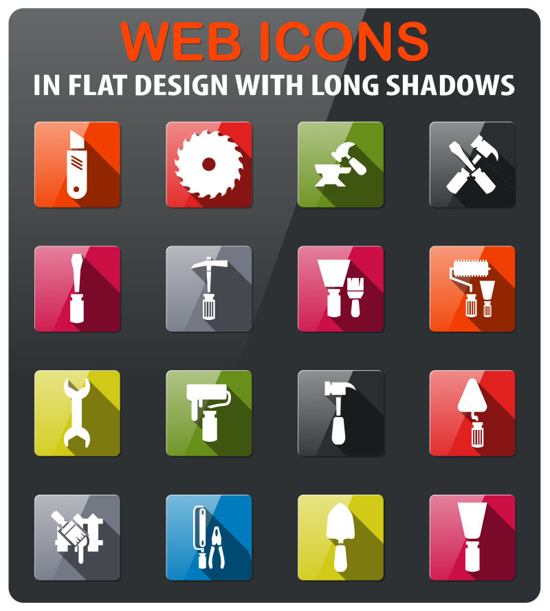 用长阴影设置的常用工业工具图标矢量