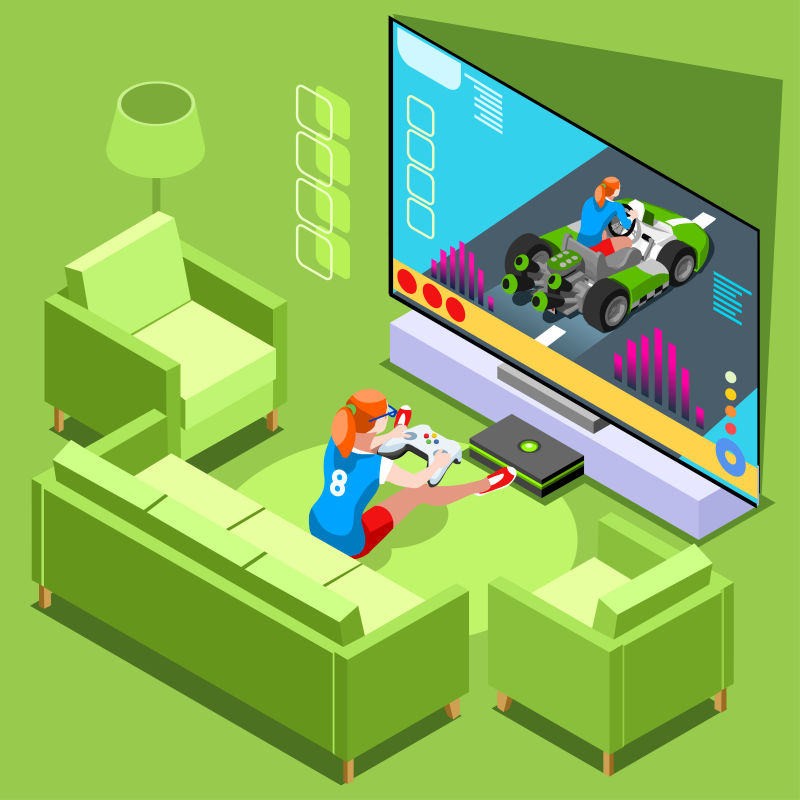 视频游戏屏幕和玩家等距图标矢量设计