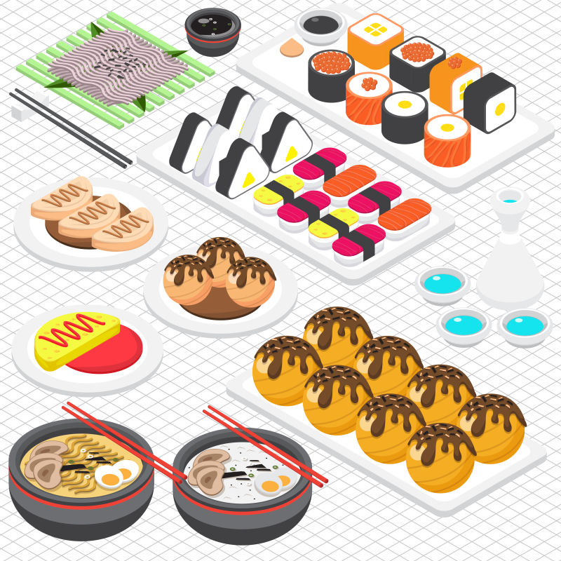 日本食品概念图标矢量等距插图