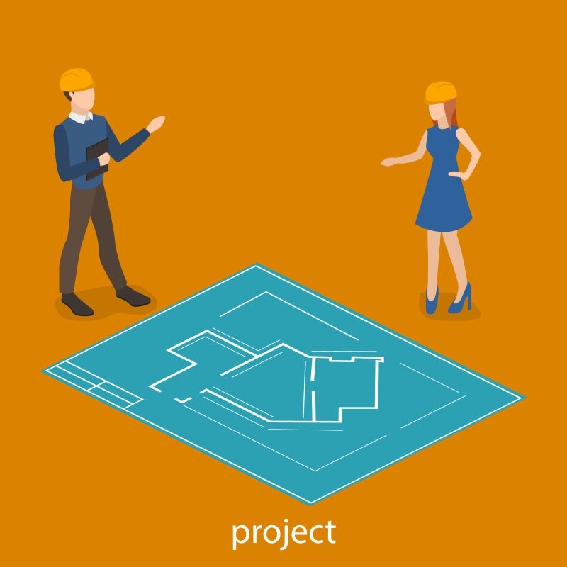 工程师设计图纸等距矢量插图