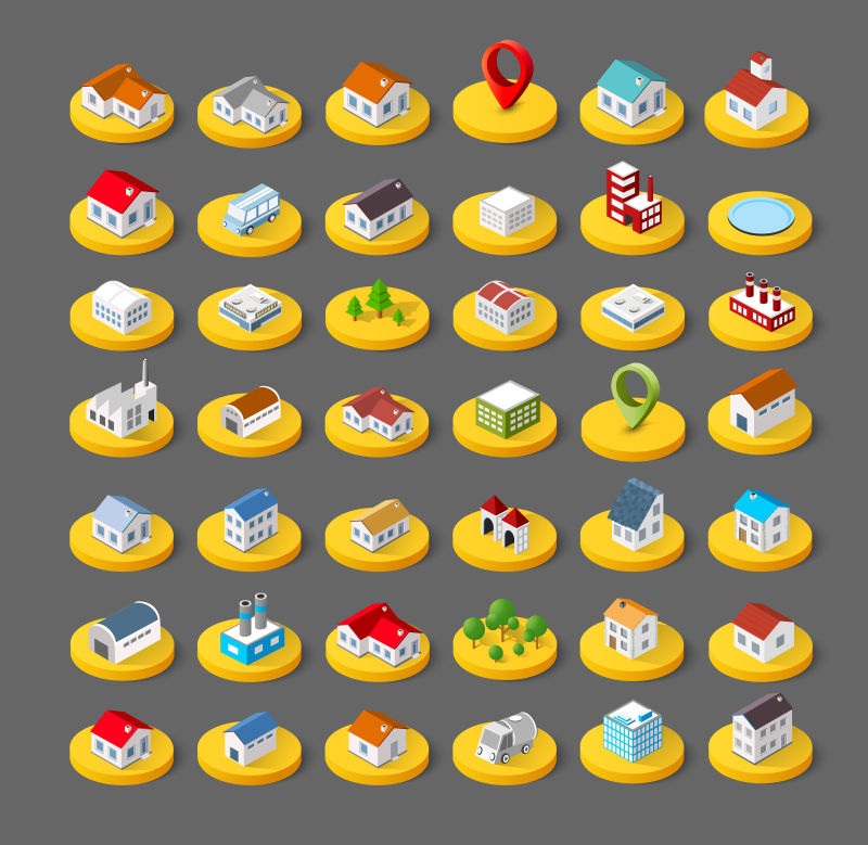 城市建筑3D图标等距矢量插图