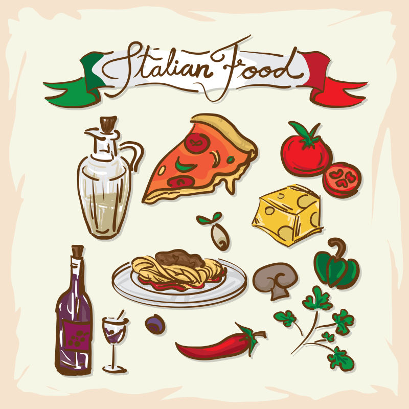 意大利食品物件绘制平面设计矢量