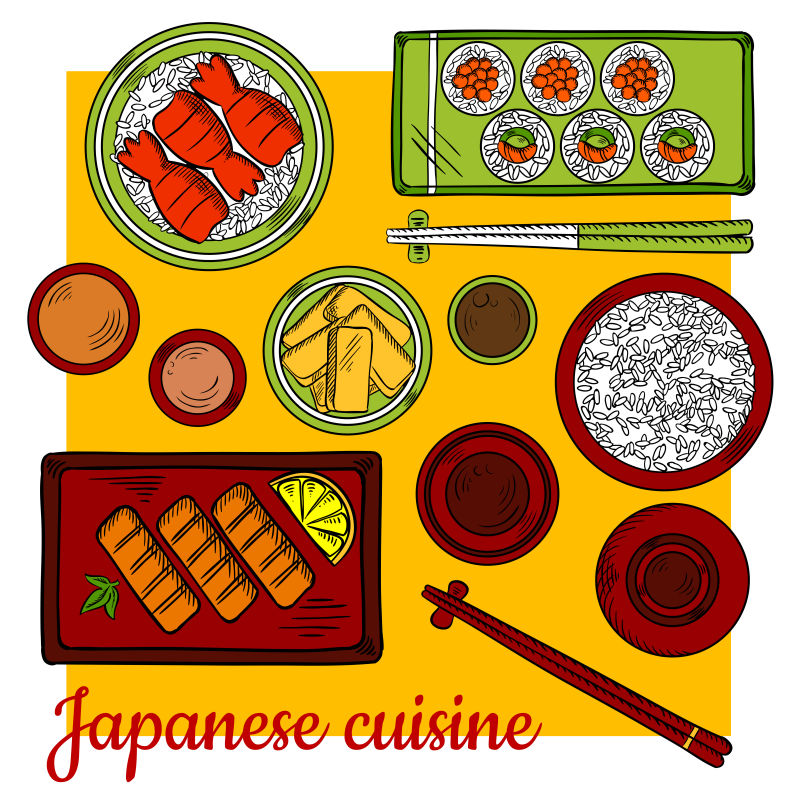 矢量日本料理晚餐彩色素描图标