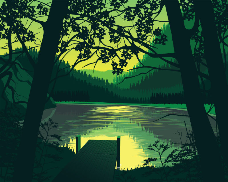 创意矢量森林中的湖泊插图