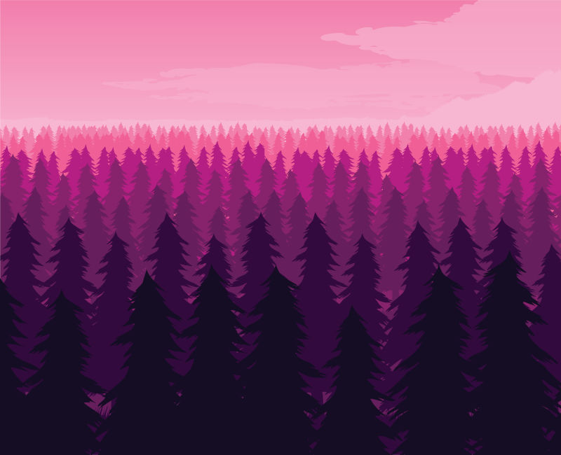 创意矢量粉色天空下的森林插图