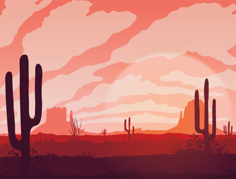 创意矢量卡通日落时分的沙漠插图