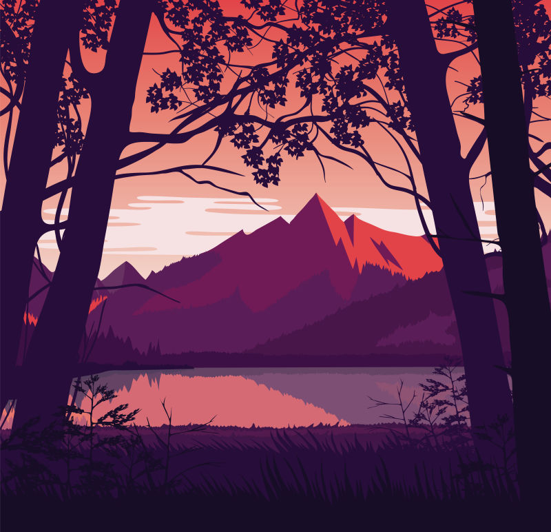 创意矢量日落时分的森林插图