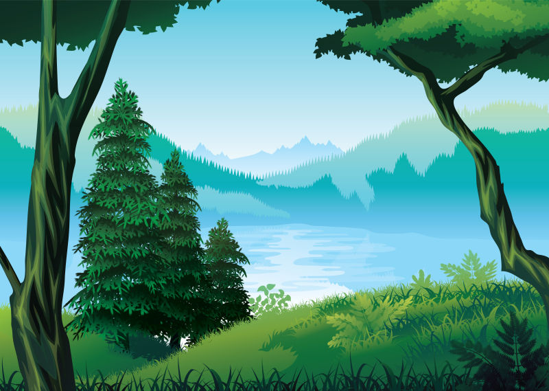 抽象矢量美丽的森林湖泊插图