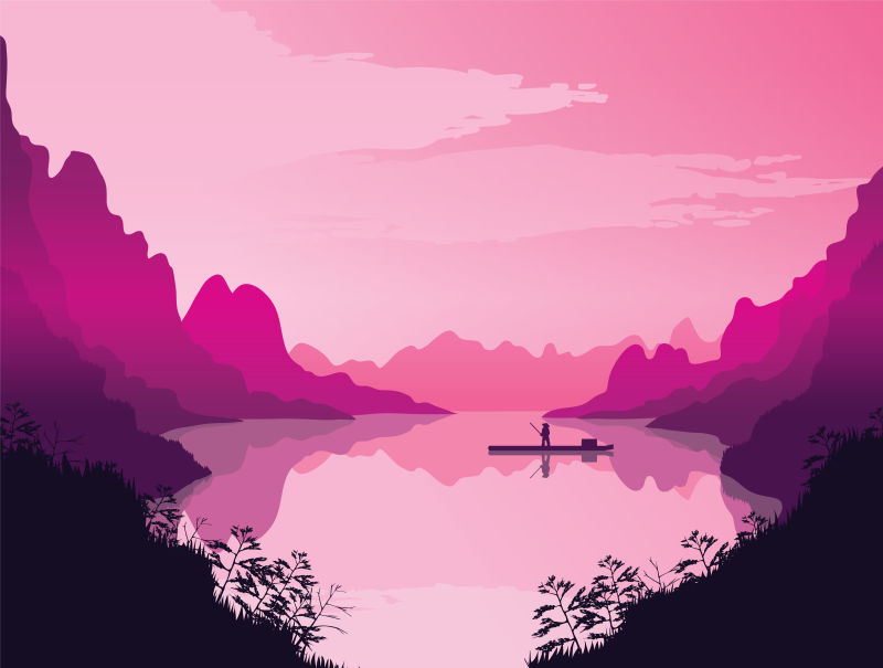 矢量美丽的粉色天空和森林湖泊插图
